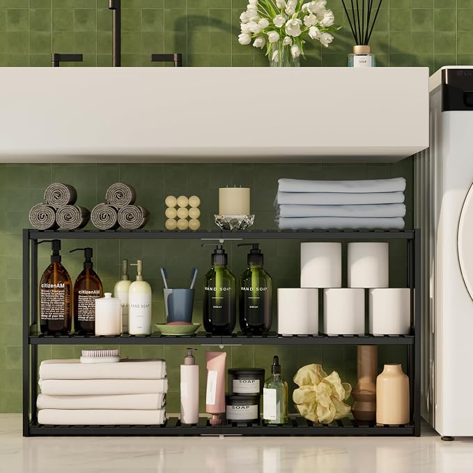 Extra Long Bathroom Organizer Storage Shelves 100% Bamboo Adjustable Height Over The Toilet Storage Floating Shelf for Wall Shower Shelf Can Placed in The Bathroom Kitchen Living Room for Multi Usage