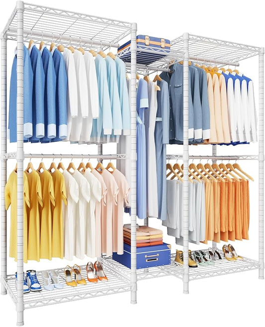 E12 Clothes Rack，Heavy Duty Freestanding Garment Rack with Shelves，Metal Clothing Closet Storage System for Hanging Clothes，57.1" W x 16" D x 76.5" H, Hold 860 lbs，White