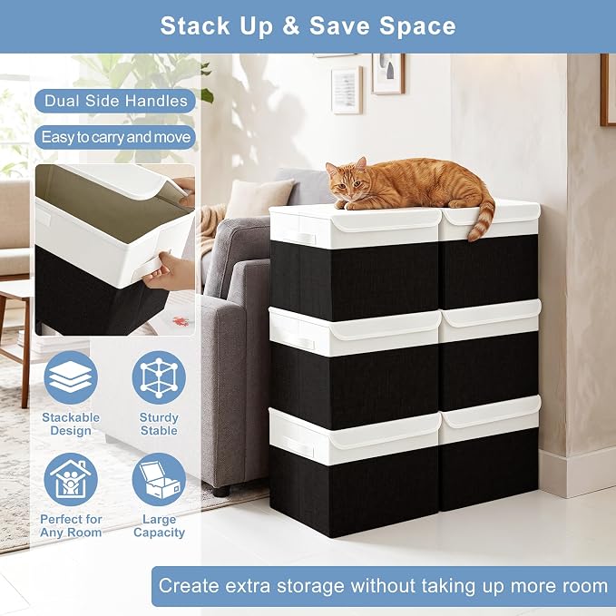 Large 17" 42 Quarts Collapsible Stackable Storage Bins with Lids [3-Pack] Foldable Fabric Linen Storage Boxes Cube, Closet Organizer Baskets with Label for Home (16.7 x 12 x 12", Black & White)