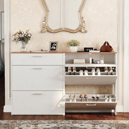 VINGLI Set of 2 Shoe Cabinet for Entryway, 2-Pack 31.5" W Extra Wide Slim Shoe Organizer with 2 Flip & 1 Drop-Down Drawers, Modern White Shoes Rack with Oak Top, Narrow Cabinet for Hallway