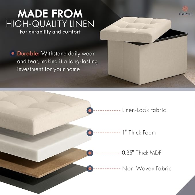 Ornavo Home Small Rectangle Ottoman Set of 2, Linen, 12x16x12, Beige | Storage Collapsible Design; Foot Rest Stool Seat; Ideal for Living Room, Bedroom, Home Office or Dorm