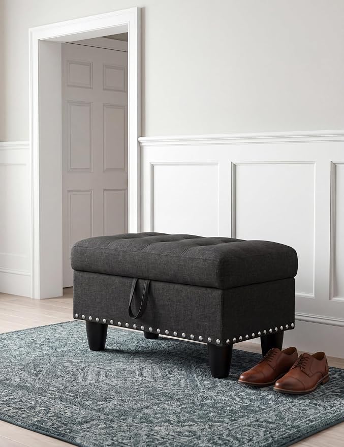Ottoman with Storage, 28.5 inch Liner Storage Ottoman with Padded Seat, Large Entryway Bench with Solid Wood Frame, Upholstered Sturdy Foot Rest for Living Room, Bedroom, Entryway, Black Gray