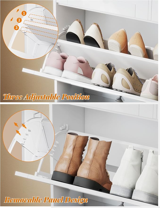 Shoe Storage Cabinet with 2 Flip Drawers & 2 Fabric Drawers, Farmhouse Hidden Shoe Organizer Cabinet with Adjustable Panel and Hooks, Narrow Slim Shoe Cabinets for Entryway, Hallway, Porch