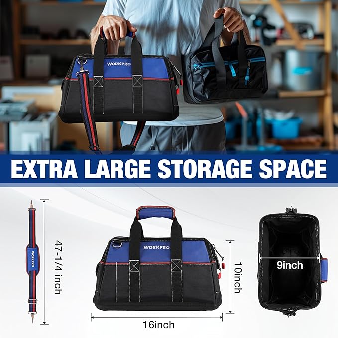 WORKPRO 16-inch Wide Mouth Tool Bag with Water Proof Molded Base | Multi-Pocket, Heavy Duty Cloth, Adjustable Shoulder Strap, Double-pull Zipper, For Workshops, Outdoor Projects
