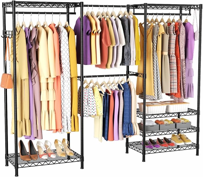 Heavy Duty Closet Garment Rack, Metal Clothes Racks Wardrobe with Shelf | 6 Tiers Adjustable Metal Freestanding Expandable Clothing Storage with 4 Hanger Rods, 71.4"H x (70"-88.2") L x 14"D, Black