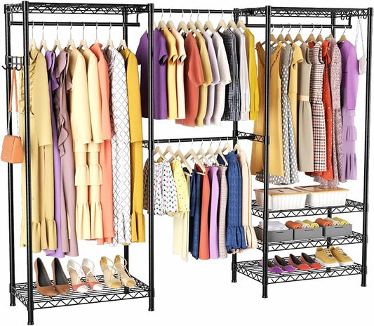 Heavy Duty Closet Garment Rack, Metal Clothes Racks Wardrobe with Shelf | 6 Tiers Adjustable Metal Freestanding Expandable Clothing Storage with 4 Hanger Rods, 71.4"H x (70"-88.2") L x 14"D, Black