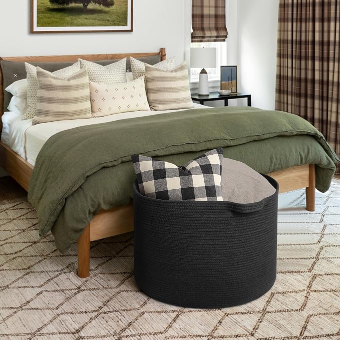 115L Super Large Black Blanket Basket, 23.6"x15.7" Woven Rope Bin for Storage, Oversized Kids Dog Toy Storage Box Bins, XXXL Blanket Holder for Living Room, Jumbo Wicker Basket for Organizing