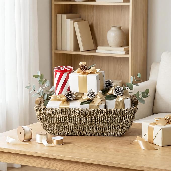 StorageWorks Hand-Woven Jumbo Storage Baskets with Wooden Handles, Seagrass Wicker Baskets for Organizing, 2-Pack
