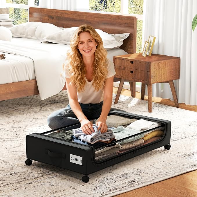 GoMaihe Under Bed Storage with Wheels 48L Black 2-Pack | Rolling Rangement Vetement sous le Lit - Containers for Clothes Shoes in Bedroom - Easy Pull-out