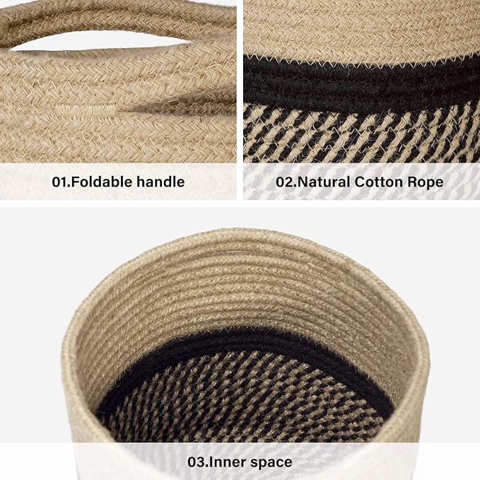 TIMEYARD Small Wicker Plant Basket, Planter for Indoor Plants, Black Jute | 8" x 8" Storage Organizer Basket Rustic Home Decor, Wicker Planter, Woven Pot for Indoor Plants