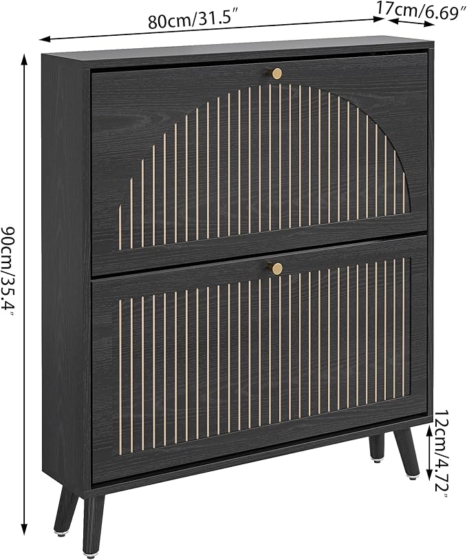 Fsbecl Shoe Storage Cabinet for Entryway with 2 Flip Drawers, Narrow Wood Shoe Cabinet with Fluted Panel, Freestanding Hidden Shoe Organizer for Hallway