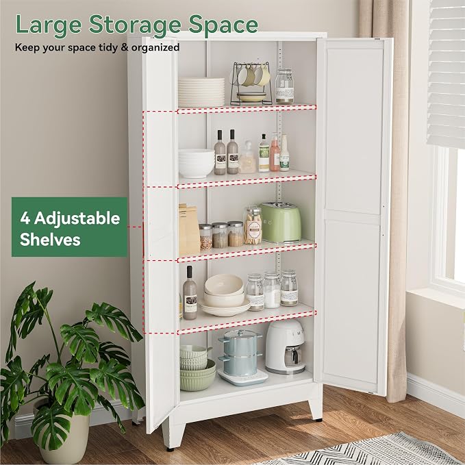 Bevivog Metal Kitchen Pantry Cupboard Cabinet, 71" White Storage Cabinets with 2 Doors and 4 Adjustable Shelves for Kitchen/Home Office/Dining Room/Living Room