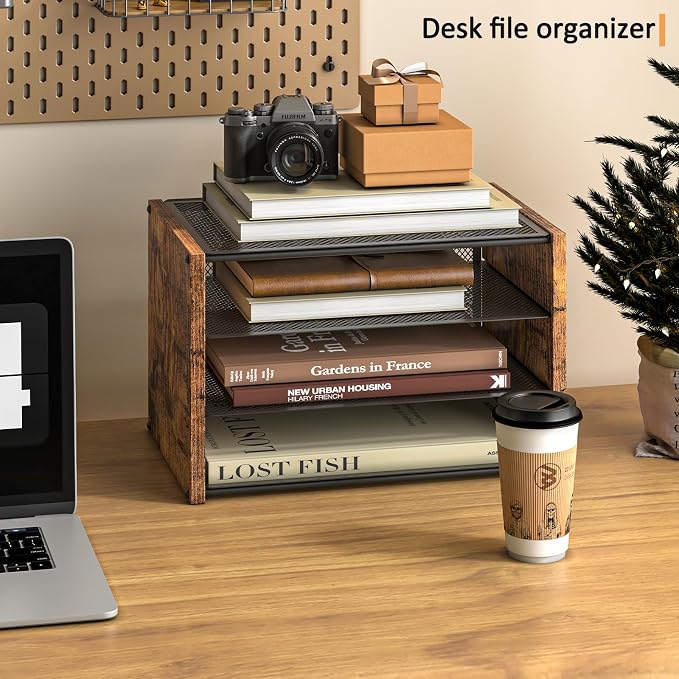 DAOUTIME 3-Tier Paper Letter Tray, Wooden Desk File Organizer, Stackable Metal Mesh Desk Organizer for Office Supplies. Small Paper Trays for Home Office School, Rustic Brown