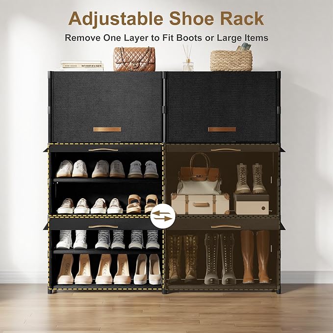 2 by 7 Tier Shoe Cabinet, 42-Pair Storage for Closet, Black | Removable layer fits tall boots. Split into 2 units for different spots. Door keeps shoes clean.