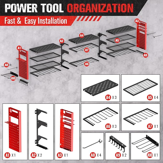 49.8" Power Tool Organizer Wall Mount,Holds 18 Cordless Drills | Large 4-Tier Tool Storage Rack, Heavy Duty 450 lb Load Capacity for Garage Workshop, Black, Gift for Men