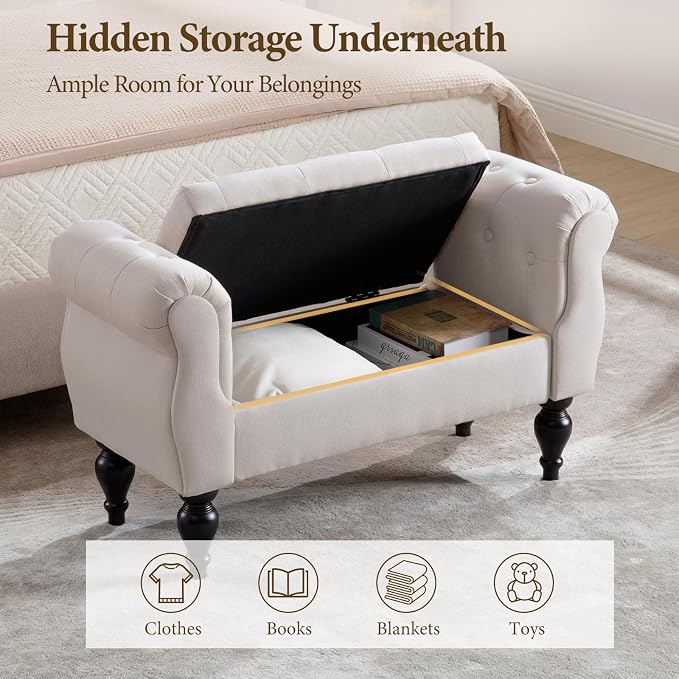 Storage Bench with Arms End of Bed Bench, Linen Entryway Bench with Storage, Button Tufted Upholstered Ottoman Bench Wood Legs, Window Sitting Bench for Bedroom/Living Room/Hallway, Beige