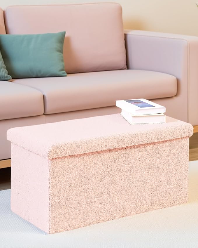 30 Inch Storage Ottoman Bench, Boucle Folding Ottoman Footstool, Rectangular Sherpa Footrest Storage Bench for Bedroom, Living Room, Entryway, Dorm, Pink