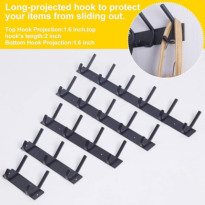 WEBI Coat Rack Wall Mounted,5 Coat Hooks for Hanging Coats,Heavy Duty Metal Double Hook Rack Hook Rail Coat Hanger Wall Mount for Clothes Entryway Jacket,Black,2 Packs