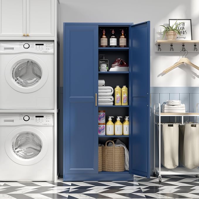 SteeLoong Kitchen Pantry Cabinet,71” Metal Pantry Storage Cabinets with Doors and 4 Adjustable Shelves,Blue Kitchen Cabinet with 2 Gold Handles,Tall Cabinet for Livingroom