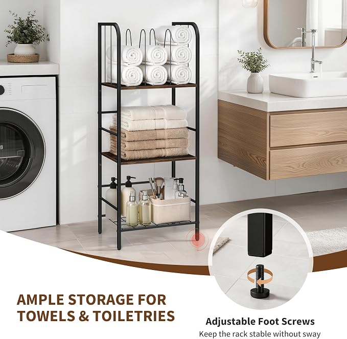 3-Tier Towel Rack, Freestanding Bathroom Storage | Sturdy Metal Frame, Wood Shelves, Wire Basket, Curved Towel Bar, Space-Saving Vertical Organizer for Bathroom, Laundry & Pool