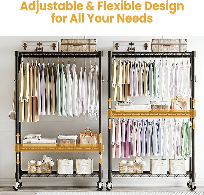 3 Tier Clothes Rack 727LBS Load Wardrobe Closet with Wheels & Adjustable Shelves & 2 Hanging Rod for Hanging Clothes 79.7" H x 45.2" W x 15.8" D Black