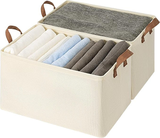 StorageWorks Storage Bins, Shelves Baskets for Organizing, 45L Extra Large Fabric Closet Organizers with Handles, Metal Frame, Beige-Texture, 2-Pack