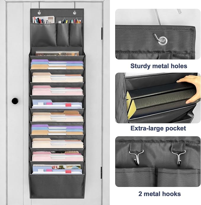 Over Door Hanging File Organizer, 10 Extra Large Pockets (Grey) | Wall file organizer, 10 extra large pockets, heavy-duty fabric. Hanging folders for mail, magazines.13.78"W × 51.18"H