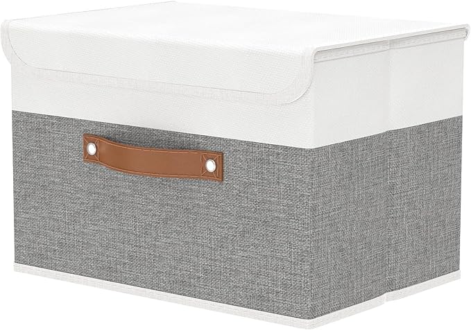 OUTBROS Storage Box with Lids, 17.7x11.8x11.8 inch (White/Grey, 1-Pack) | Foldable Linen Wardrobe Containers, Organiser For Towels, Clothes