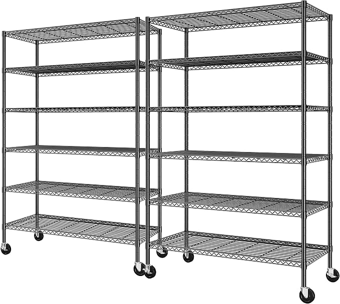 Romorgniz Heavy Duty 6-Tier Rolling Storage Shelves with Wheels, Garage,2PC | 1200lbs wire shelving, Rolling casters with locking wheels, Adjustable shelves, Rust-proof, For pantry, kitchen, basement