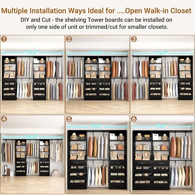 Aheaplus Closet System with 8 Wooden Drawers, Wood Closet Organizer System with Tower, Walk-in Closet Organizer Wardrobe Clothes Rack with 4 Hanging Rods, Garment Rack, Cut to Fit 7-12Ft, Black