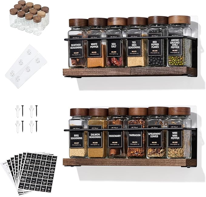 2-Tier Wall Mount Spice Rack Organizer with 12 Glass Jars, 216 Labels & Funnel - Screw/Adhesive Mount, Black Metal & Wood Spice Storage for Kitchen Pantry Cabinet, 11.6”L x 2.4”W x 3.2”H
