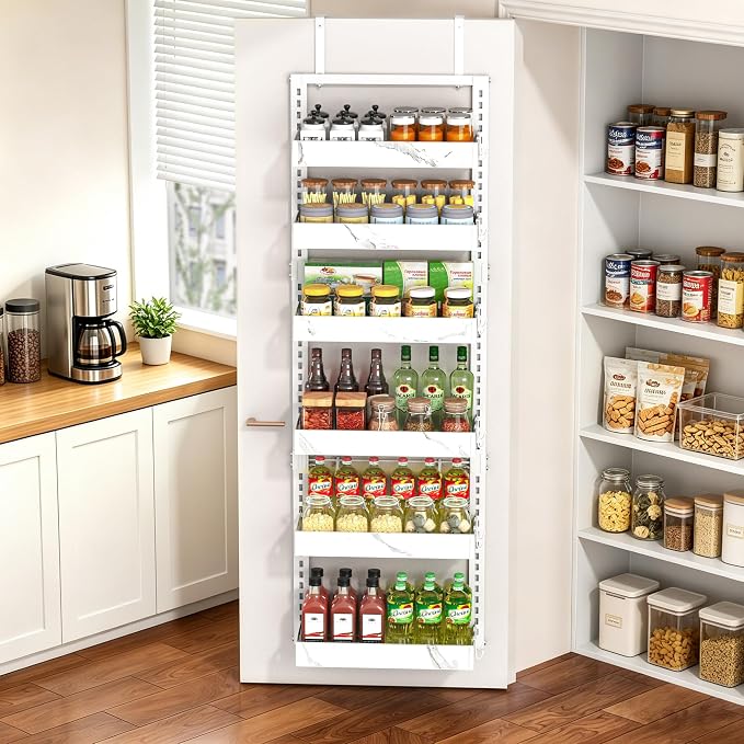 BUKFEN 6-Tier Over the Door Pantry Organizer, 2-in-1 Door Hanging or Wall Mounted Spice Rack, Heavy Duty Metal Storage Shelves with Adjustable Baskets for Kitchen Bathroom Closet, 1 Pack
