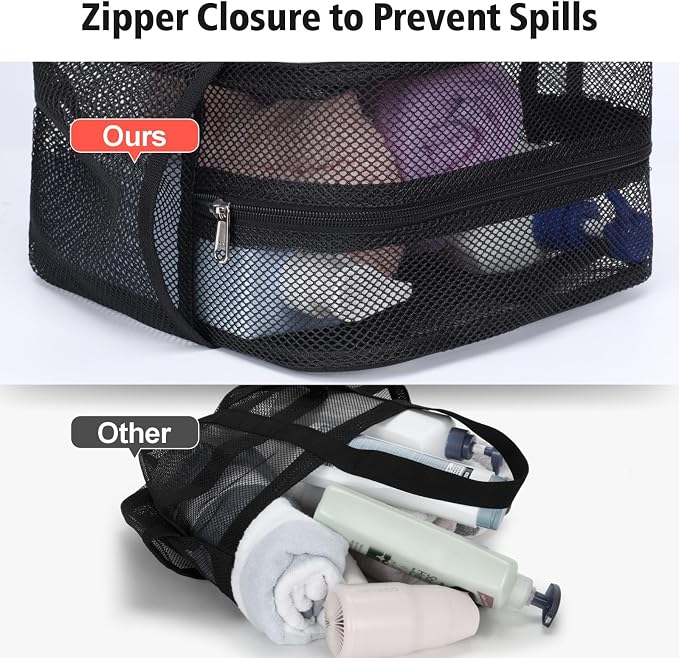 Mesh Shower Caddy Portable with Zipper - 2-Handle Shower Bag for Dorm | 8 Deep Pockets, S-Hook, Quick-Dry Mesh, College Dorm Room Essentials for Girls, Camping, Gym, Travel & Bathroom, Black