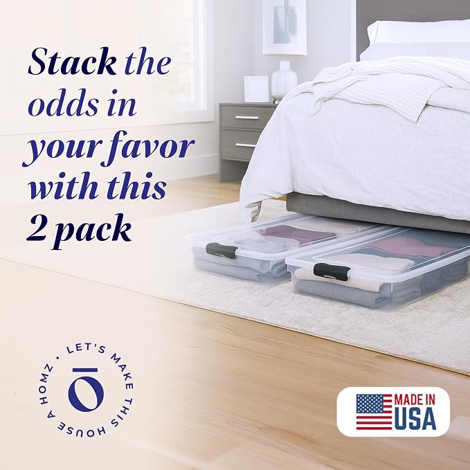 HOMZ 2-Pack Under Bed Storage Containers with Wheels - Home Organization Clear Plastic Storage Bins with Lids and Secure Latches - Durable, Stackable & Low-Profile, 60 Quart | Stackable Underbed Container Set for Shoes, Bags, Clothes, and Towel Organiz...