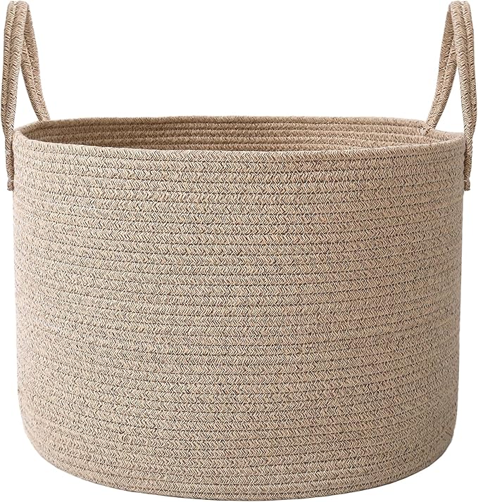 JMvicyroam 65L Extra Large Blanket Basket for Living Room - Woven Cotton Rope Laundry Hamper with Reinforced Handles - Storage Bin for Pillows, Comforters & Toys - Machine Washable,Oatmeal