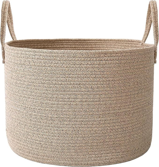 JMvicyroam 65L Extra Large Blanket Basket for Living Room - Woven Cotton Rope Laundry Hamper with Reinforced Handles - Storage Bin for Pillows, Comforters & Toys - Machine Washable,Oatmeal