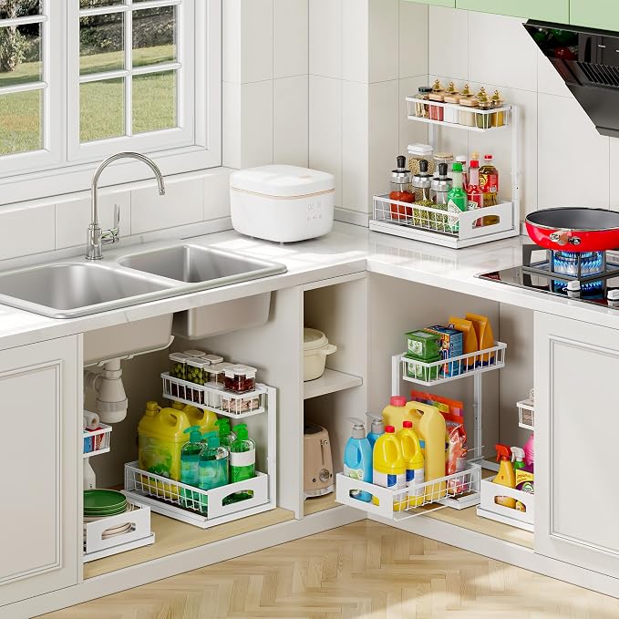 Under Sink Organizer, 2 Pack Cabinet Organizer for Kitchen, Height Adjustable Pull Out Heavy Duty 2 Tier Metal Under Sink Storage for Bathroom Pantry (White, 2 Pack)