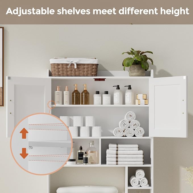 Homhedy Wooden Over The Toilet Storage Cabinet with Barn Door | Freestanding Bathroom Storage, Toilet Paper Holder, Adjustable Shelf,Space-Saving, Farmhouse Style, White