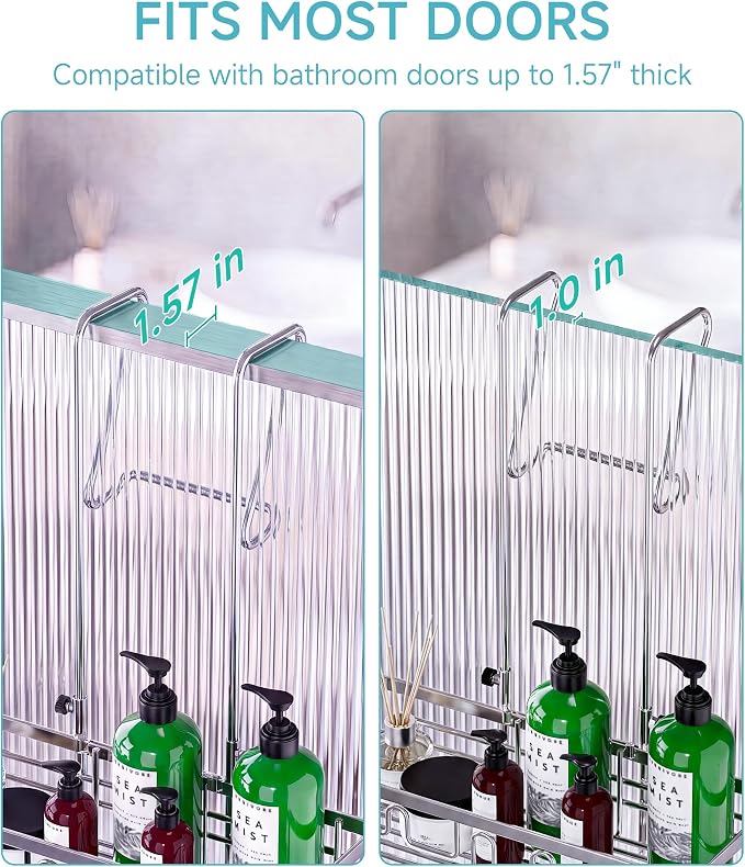 Shower Caddy Hanging Over the Door, Upgraded Extended Length Shower Organizer, 3 Tier Rustproof Bathroom Rack with Hooks Soap Holder, Silver