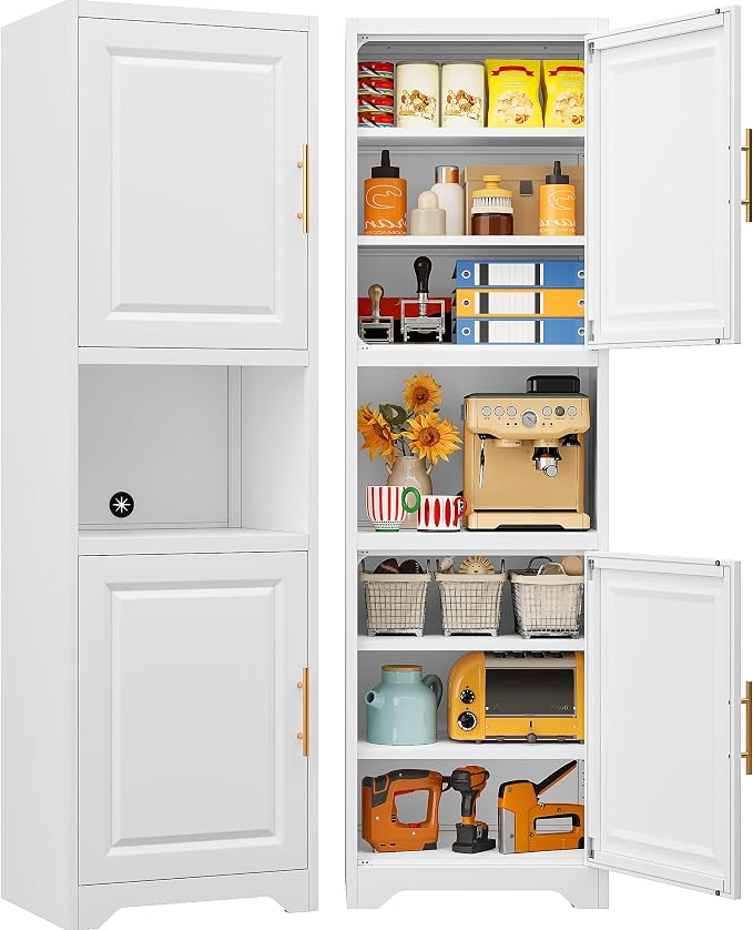 SISESOL 67" Tall Narrow Storage Cabinet with 2 Door and 7 Shelves,Slim Kitchen Pantry Cabinet,White Metal Bathroom Cabinets,Large Cupboard for Home,Kitchen,Laundry,Bathroom