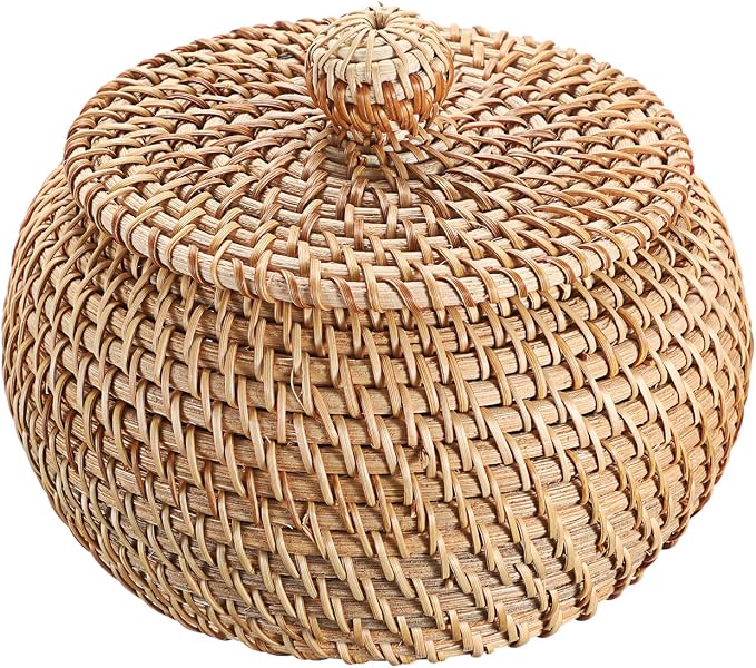 Hipiwe Round Rattan Basket Boxes With Lid Hand-Woven Wicker Storage Baskets Bin Decorative Basket Box Multi-Purpose Picnic Food Bread Basket Small Keys Basket Bowl for Entryway (X-Small,4.7"x3.3")