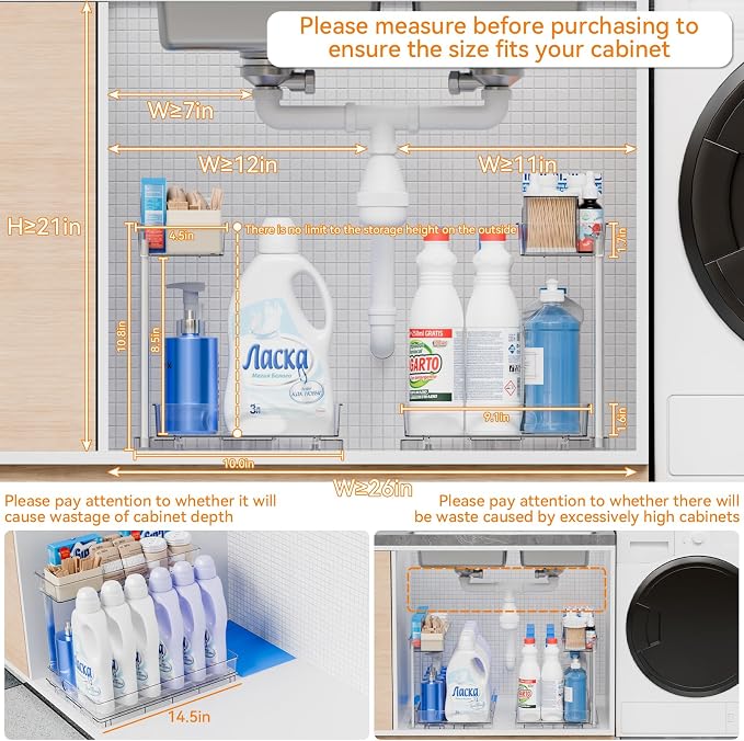 2 Pack 14.5″ Deep Pull Out Under Sink Organizer,10.8″ High 2 Tier Slide Out Cabinet Organizer for Kitchen Cabinet,Undersink Organizers,Under Sink Shelves,Bathroom Organizers and Storage,Clear