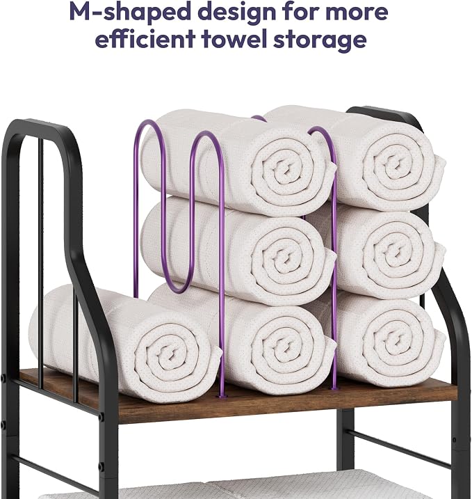 SWTYMIKI Free Standing Towel Rack - 3 Tier M-Shaped Detachable Dividers Towel Shelf for Bathroom, Durable Metal Pool Towel Holder, Modern Space-Saving Bath Towel Storage Organizer