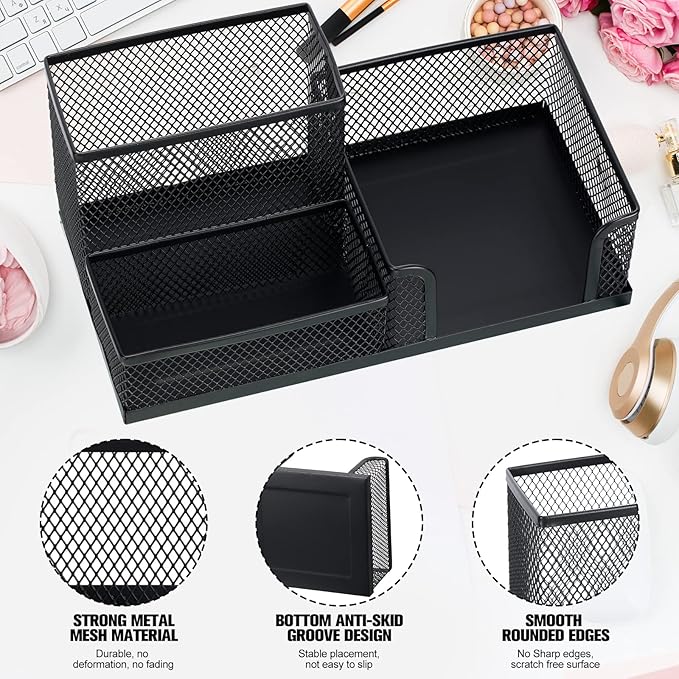 Ferraycle 4 Pcs Mesh Desk Organizer 3 Compartments Mesh Pen Holder Sticky Notes Pencil Holder Metal Caddy Desk Pen Organizer for Desktop Accessories Storage Baskets Home Office School(Black)