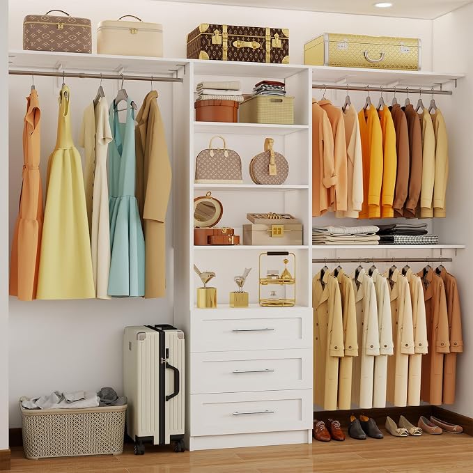 Closet System with Drawers, 5-7.61FT Closet Organizer System with Cuttable Shelves & 3 Expandable Hanging Rods, 96” Walk in Closet Organizer Storage System, Modular Closet Systems Adjustable, White