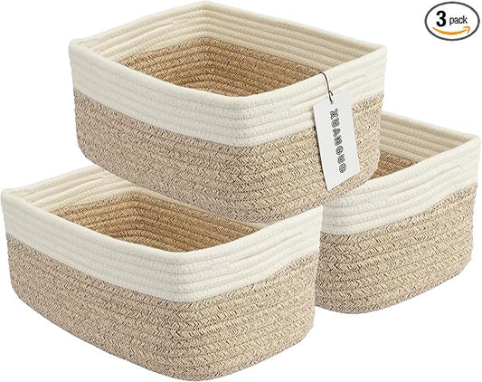 XUANGUO Small Woven Storage Baskets for Shelves, 12" x 8" x 5", White/Brown | Decorative rope storage bins for closets and toy storage; cute organizer baskets, empty gift baskets and nursery storage.