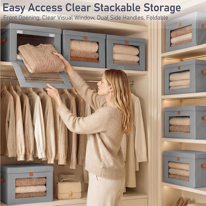 DIMJ Storage Bins with Lids - 6 Pack Front Opening Stackable Fabric Storage Boxes with Clear Window & Handles, Collapsible Closet Organizers for Clothes, Sweaters, Shelf Storage, Bedroom, Gray