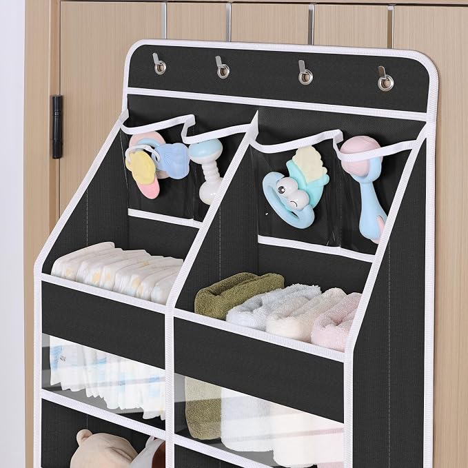 Univivi Upgraded Over the Door Organizer for Baby Nursery, Black, 5-Shelf | Fabric Door Organizer with Clear Window Deep Pockets, Over Door Hanging Organizer for Baby Essential, Bedroom, and Dorm