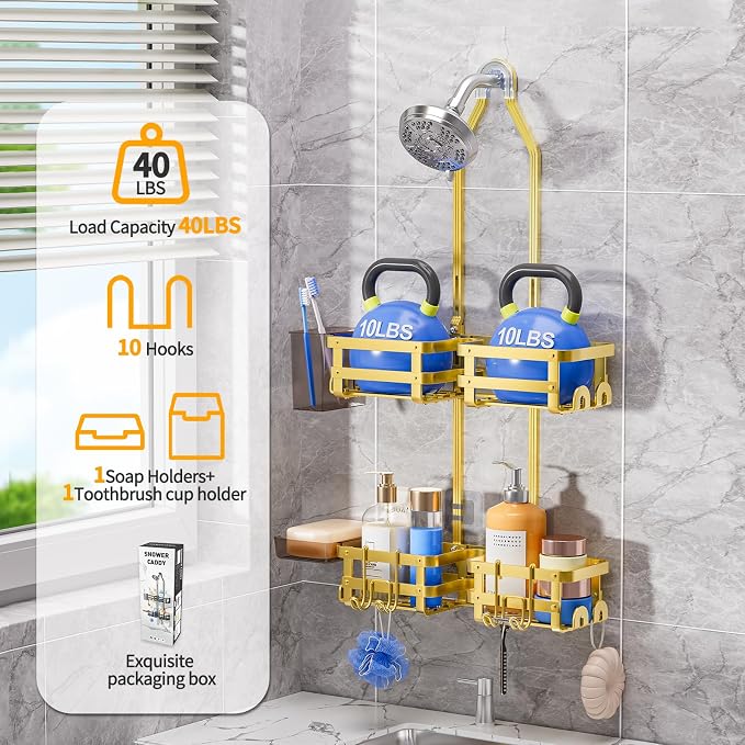 GAOKASE Aluminum Shower Caddy Hanging, Never Rust Shower Organizer | 4 Levels with adjustable Height 10 Hooks for Razor/Sponge - Rack with Soap Basket (Gold)