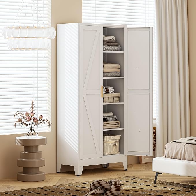 71" H White Pantry Cabinet,Metal Storage Cabinets with Doors and Shelves,Tall Food Kitchen Cabinets,Farmhouse Kitchen Cabinet,Freestanding Cabinet